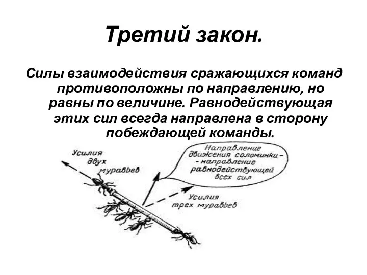 Третий закон. Силы взаимодействия сражающихся команд противоположны по направлению, но равны по