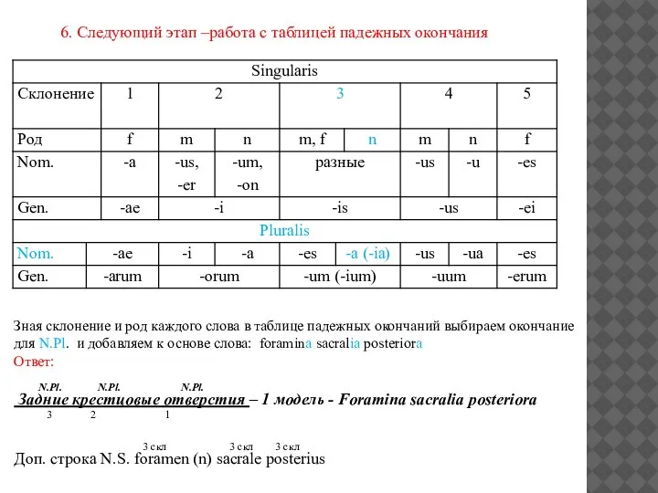 Зная склонение и род каждого слова в таблице падежных окончаний выбираем окончание