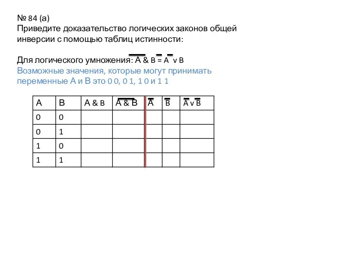 № 84 (а) Приведите доказательство логических законов общей инверсии с помощью таблиц