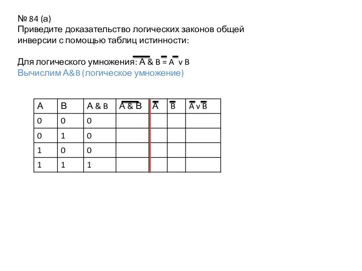 № 84 (а) Приведите доказательство логических законов общей инверсии с помощью таблиц