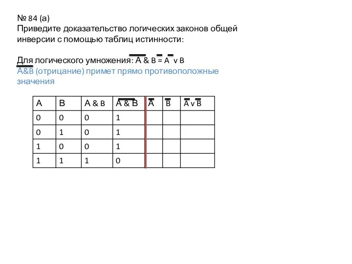 № 84 (а) Приведите доказательство логических законов общей инверсии с помощью таблиц