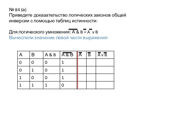 № 84 (а) Приведите доказательство логических законов общей инверсии с помощью таблиц