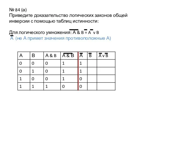 № 84 (а) Приведите доказательство логических законов общей инверсии с помощью таблиц