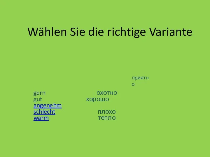 Wählen Sie die richtige Variante gern охотно gut хорошо angenehm schlecht плохо warm тепло приятно