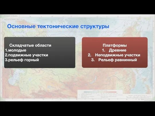 Основные тектонические структуры Складчатые области 1.молодые 2.подвижные участки 3.рельеф горный Платформы Древние Неподвижные участки Рельеф равнинный