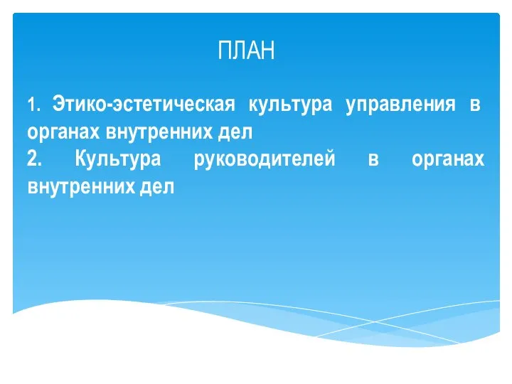 ПЛАН 1. Этико-эстетическая культура управления в органах внутренних дел 2. Культура руководителей в органах внутренних дел