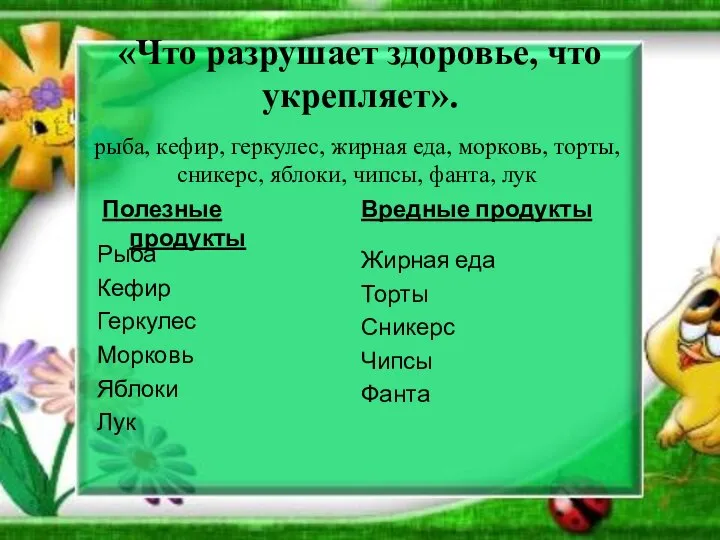 «Что разрушает здоровье, что укрепляет». рыба, кефир, геркулес, жирная еда, морковь, торты,