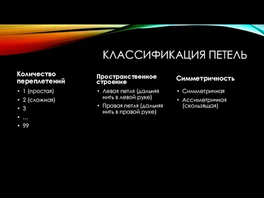 КЛАССИФИКАЦИЯ ПЕТЕЛЬ Количество переплетений 1 (простая) 2 (сложная) 3 … 99 Пространственное