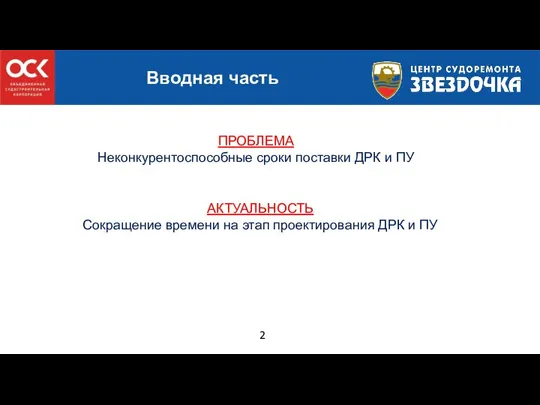 Вводная часть ПРОБЛЕМА Неконкурентоспособные сроки поставки ДРК и ПУ АКТУАЛЬНОСТЬ Сокращение времени