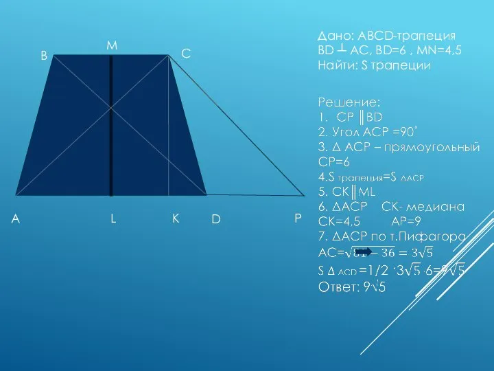 Дано: ABCD-трапеция BD ┴ AC, BD=6 , MN=4,5 Найти: S трапеции A