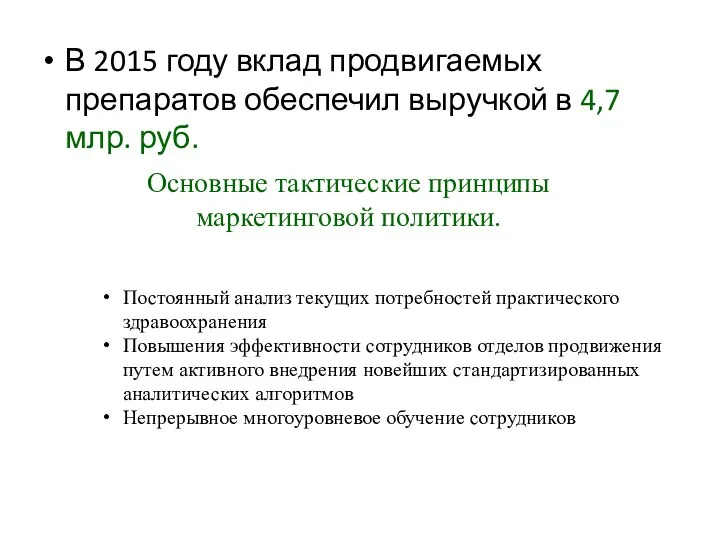 В 2015 году вклад продвигаемых препаратов обеспечил выручкой в 4,7 млр. руб.