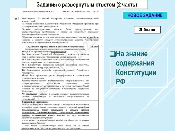 3 балла Задания с развернутым ответом (2 часть) НОВОЕ ЗАДАНИЕ На знание содержания Конституции РФ