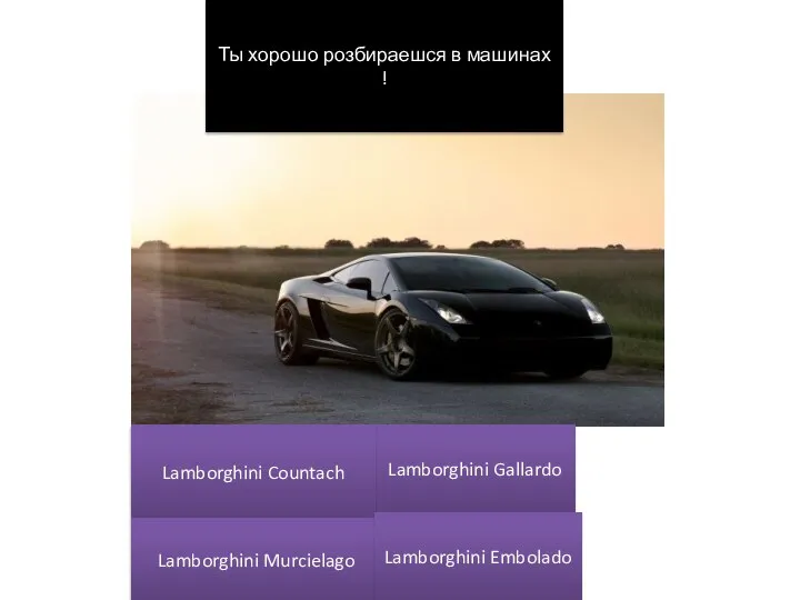 Ты хорошо розбираешся в машинах ! Lamborghini Gallardo Lamborghini Countach Lamborghini Murcielago Lamborghini Embolado