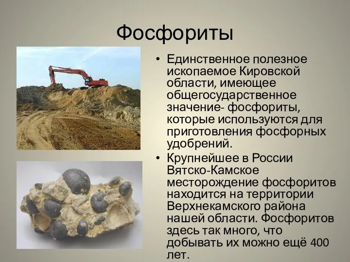 Фосфориты Единственное полезное ископаемое Кировской области, имеющее общегосударственное значение- фосфориты, которые используются