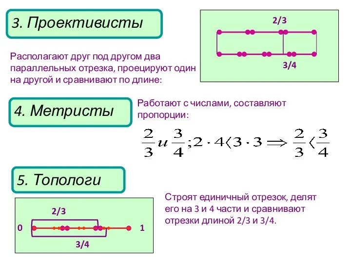 4. Метристы 5. Топологи Строят единичный отрезок, делят его на 3 и