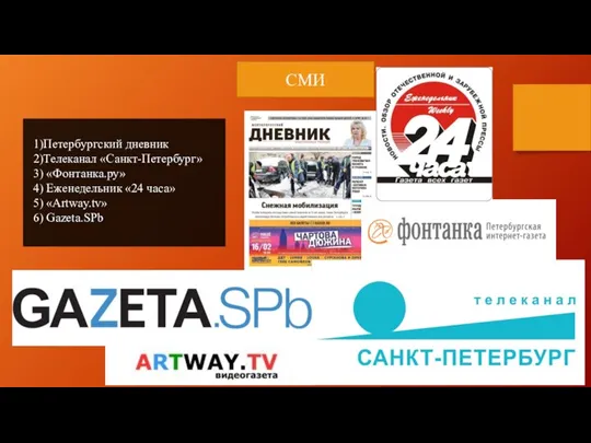 СМИ 1)Петербургский дневник 2)Телеканал «Санкт-Петербург» 3) «Фонтанка.ру» 4) Еженедельник «24 часа» 5) «Artway.tv» 6) Gazeta.SPb