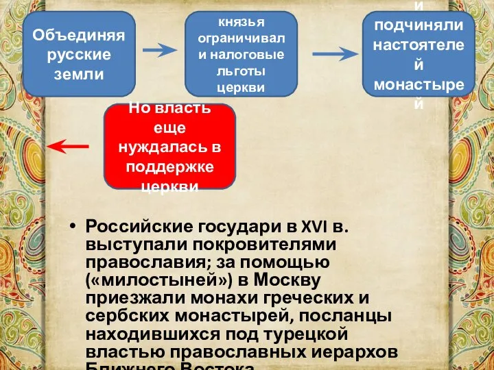 Российские государи в XVI в. выступали покровителями православия; за помощью («милостыней») в