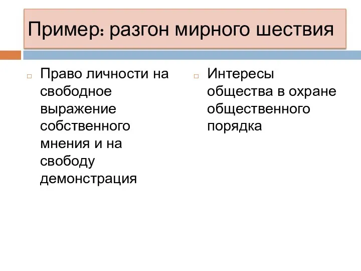 Пример: разгон мирного шествия Право личности на свободное выражение собственного мнения и