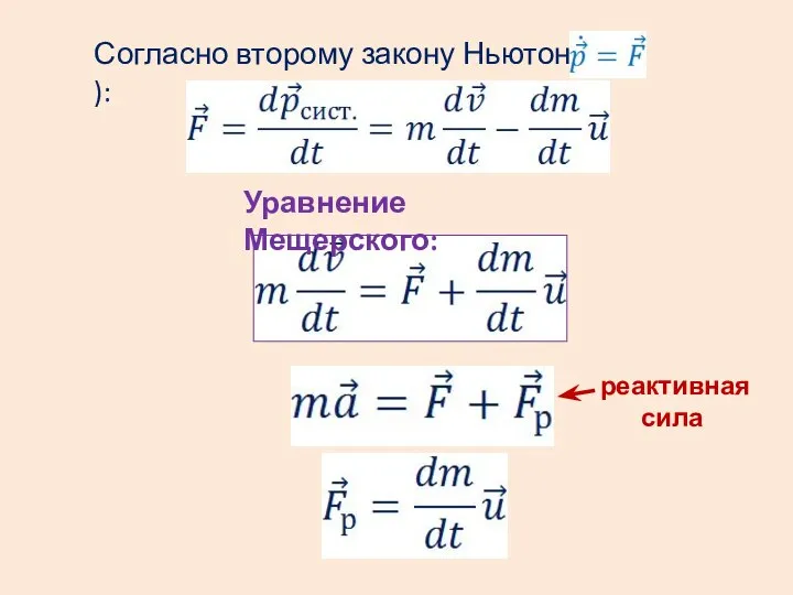 Согласно второму закону Ньютона ( ): Уравнение Мещерского: реактивная сила