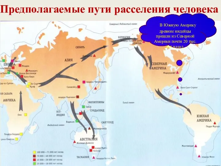 Предполагаемые пути расселения человека В Южную Америку древние индейцы пришли из Северной