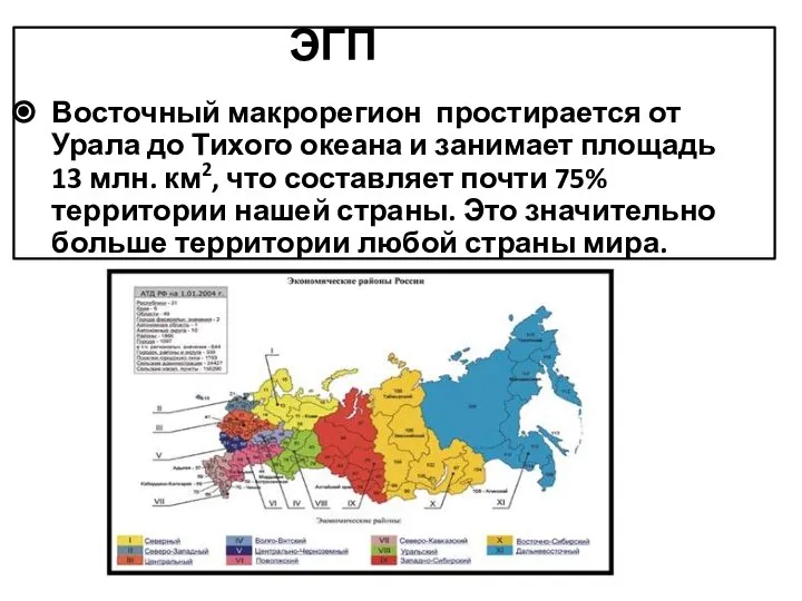 Восточный макрорегион простирается от Урала до Тихого океана и занимает площадь 13