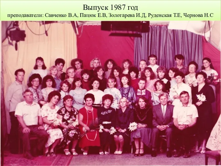 Выпуск 1987 год преподаватели: Савченко В.А, Пацюк Е.В, Золотарева И.Д, Руденская Т.Е, Чернова Н.С
