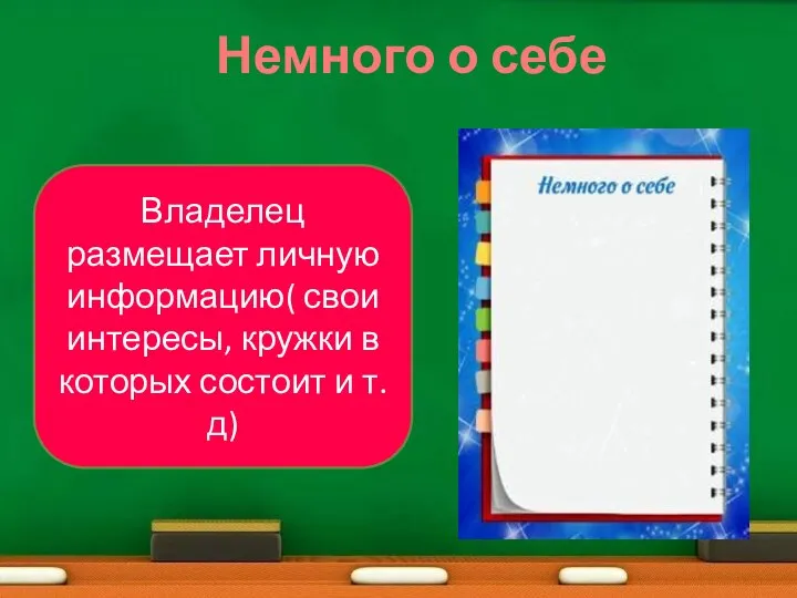 Немного о себе Владелец размещает личную информацию( свои интересы, кружки в которых состоит и т.д)