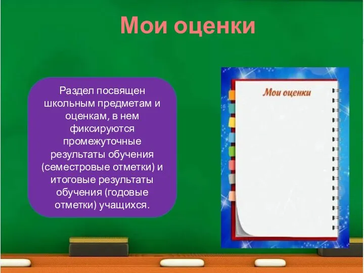 Раздел посвящен школьным предметам и оценкам, в нем фиксируются промежуточные результаты обучения