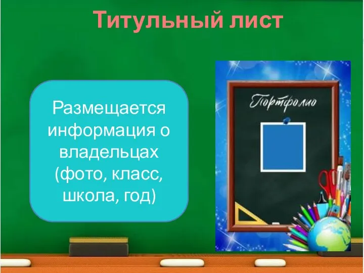 Размещается информация о владельцах (фото, класс, школа, год) Титульный лист