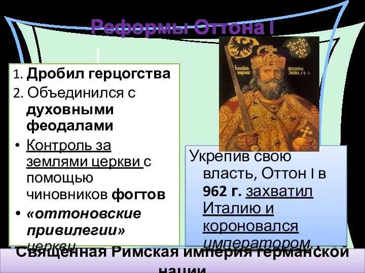 Священная Римская империя германской нации Реформы Оттона I 1. Дробил герцогства 2.