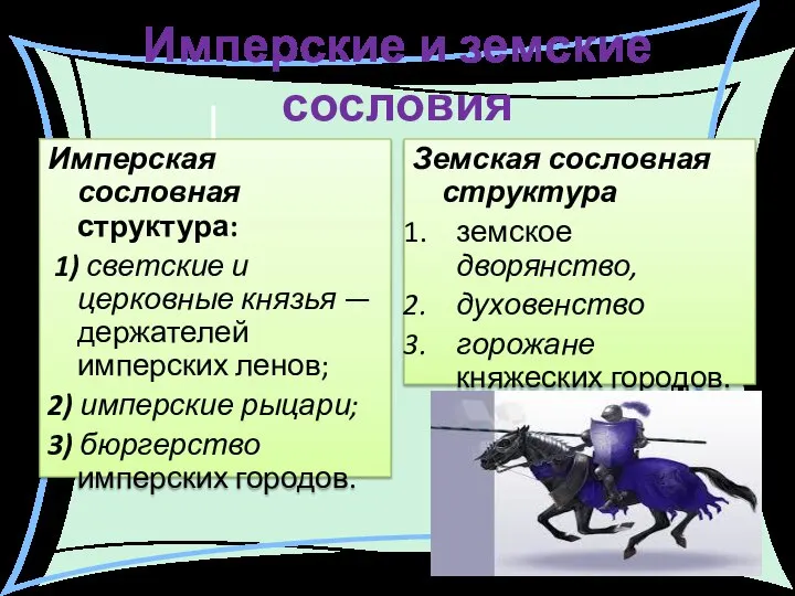 Имперские и земские сословия Имперская сословная структура: 1) светские и церковные князья