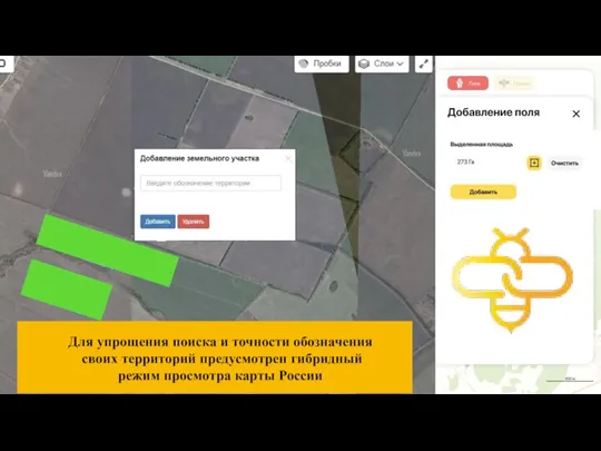 Для упрощения поиска и точности обозначения своих территорий предусмотрен гибридный режим просмотра карты России