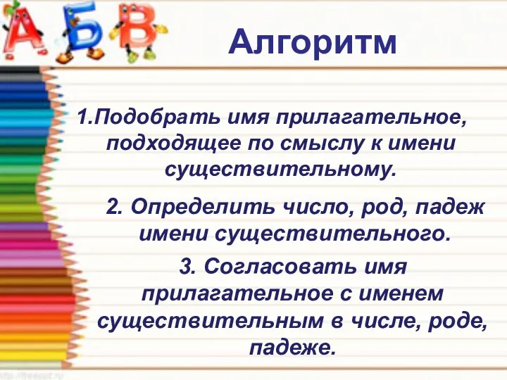 Алгоритм Подобрать имя прилагательное, подходящее по смыслу к имени существительному. 2. Определить