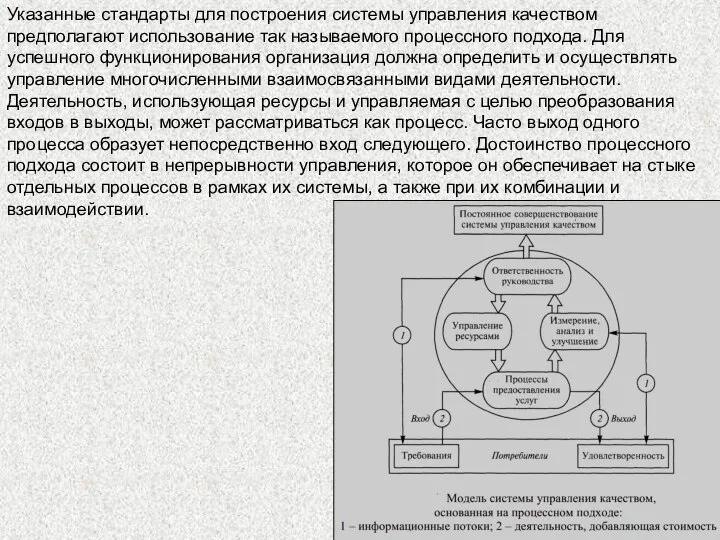 Указанные стандарты для построения системы управления качеством предполагают использование так называемого процессного