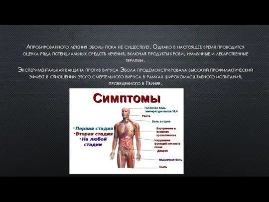 Апробированного лечения эболы пока не существует. Однако в настоящее время проводится оценка