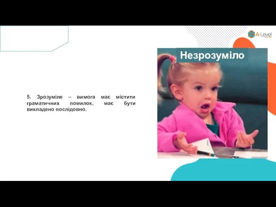 5. Зрозуміле – вимога має містити граматичних помилок, має бути викладено послідовно. Незрозуміло