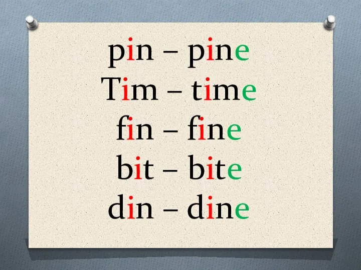pin – pine Tim – time fin – fine bit – bite din – dine