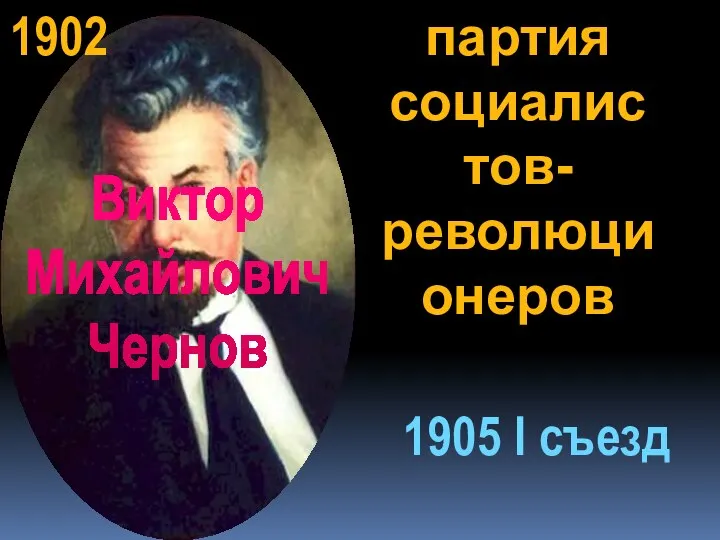 1902 партия социалистов- революционеров Виктор Михайлович Чернов 1905 I съезд