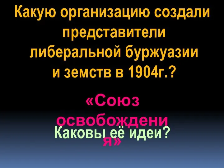 Какую организацию создали представители либеральной буржуазии и земств в 1904г.? Каковы её идеи? «Союз освобождения»