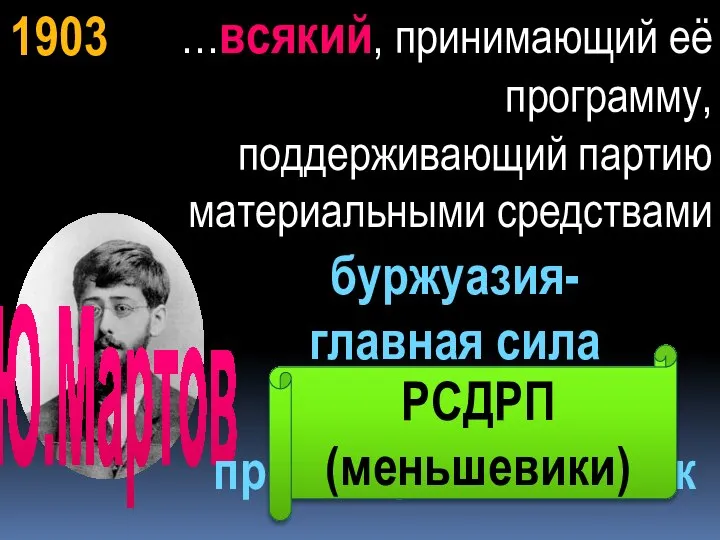 1903 Ю.Мартов …всякий, принимающий её программу, поддерживающий партию материальными средствами буржуазия- главная