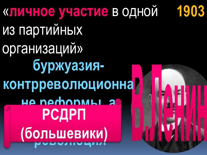 1903 В.Ленин «личное участие в одной из партийных организаций» буржуазия- контрреволюционна не