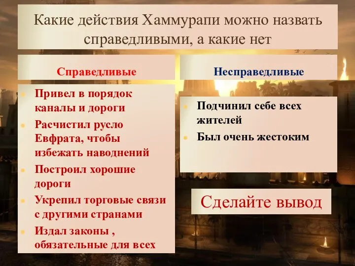 Какие действия Хаммурапи можно назвать справедливыми, а какие нет Справедливые Привел в