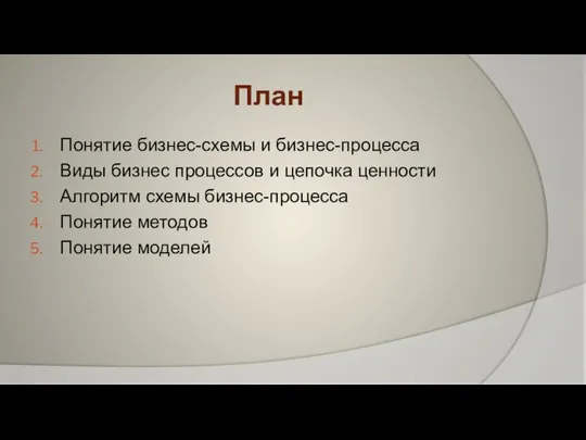 План Понятие бизнес-схемы и бизнес-процесса Виды бизнес процессов и цепочка ценности Алгоритм