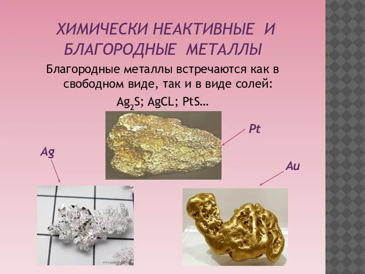 ХИМИЧЕСКИ НЕАКТИВНЫЕ И БЛАГОРОДНЫЕ МЕТАЛЛЫ Благородные металлы встречаются как в свободном виде,