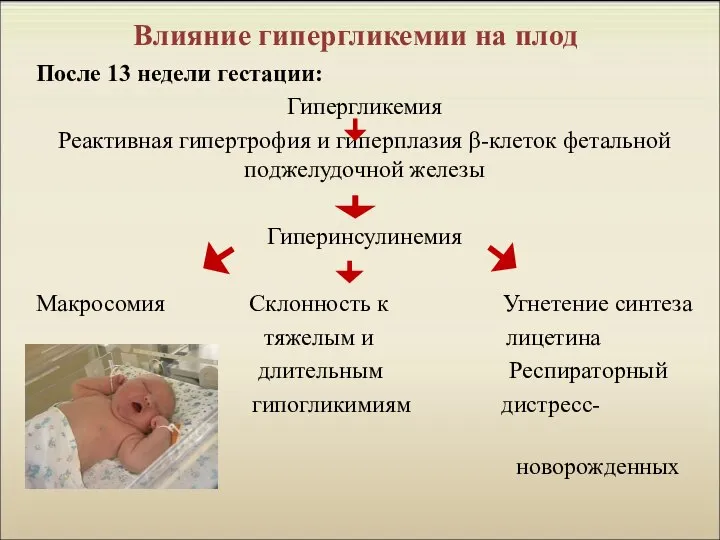 Влияние гипергликемии на плод После 13 недели гестации: Гипергликемия Реактивная гипертрофия и