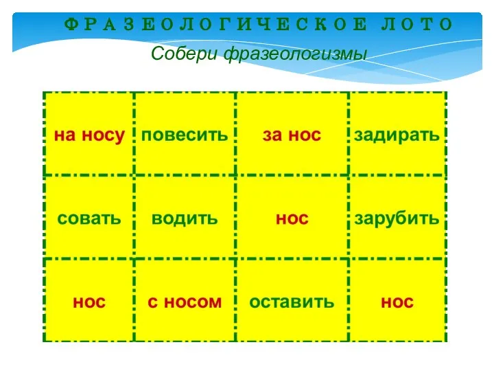 ФРАЗЕОЛОГИЧЕСКОЕ ЛОТО Собери фразеологизмы