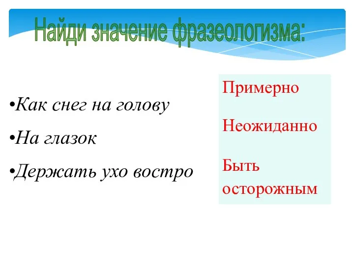 Найди значение фразеологизма: Как снег на голову На глазок Держать ухо востро Примерно Неожиданно Быть осторожным