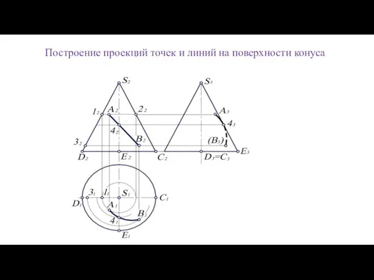 Построение проекций точек и линий на поверхности конуса