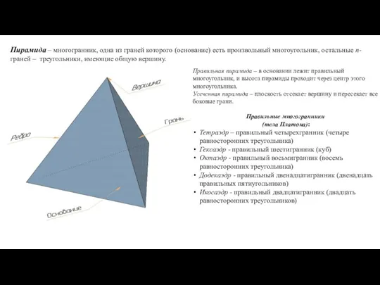 Пирамида – многогранник, одна из граней которого (основание) есть произвольный многоугольник, остальные