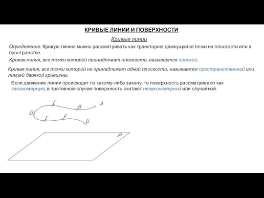 КРИВЫЕ ЛИНИИ И ПОВЕРХНОСТИ Кривые линии Определение: Кривую линию можно рассматривать как